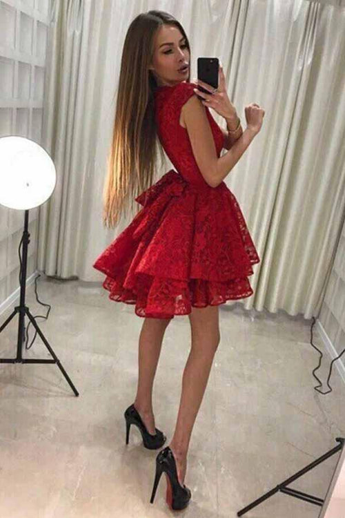Vestido corto de fiesta de bienvenida con encaje rojo, cuello redondo y corte A PD228
