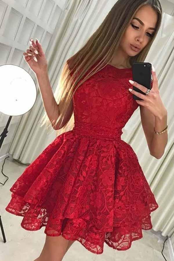 A-Linie Rundhals Kurzes rotes Homecoming-Partykleid mit Spitze PD228