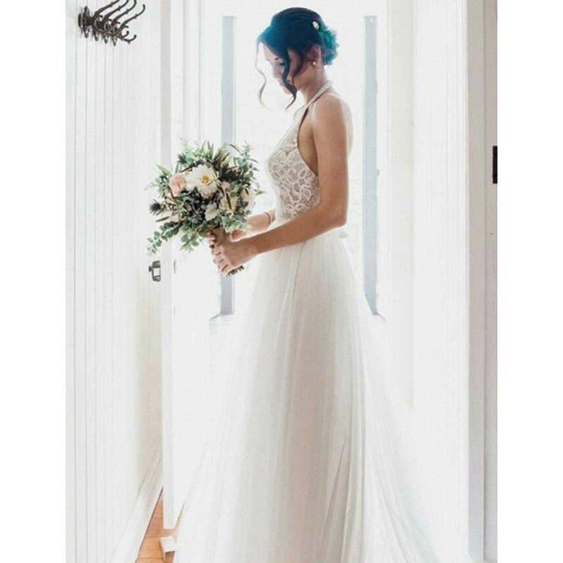 A-Linie Rundhals Sweep-Schleppe Tüll Brautkleid mit Spitze WD390