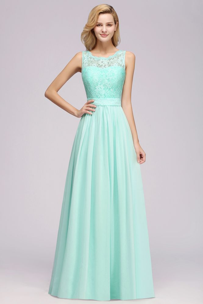 Vestido de dama de honor con volantes, corte A, encaje festoneado, sin mangas, largo hasta el suelo, para fiesta de boda