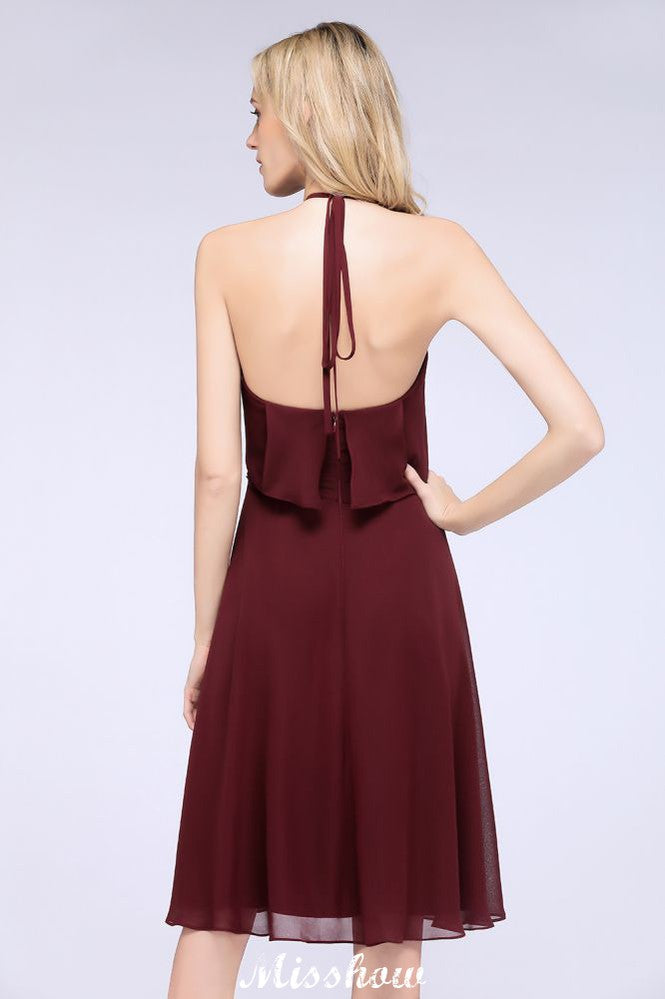 Vestido de fiesta sencillo de gasa con volantes y escote halter hasta la rodilla para dama de honor.