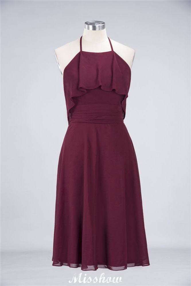 Vestido de fiesta sencillo de gasa con volantes y escote halter hasta la rodilla para dama de honor.