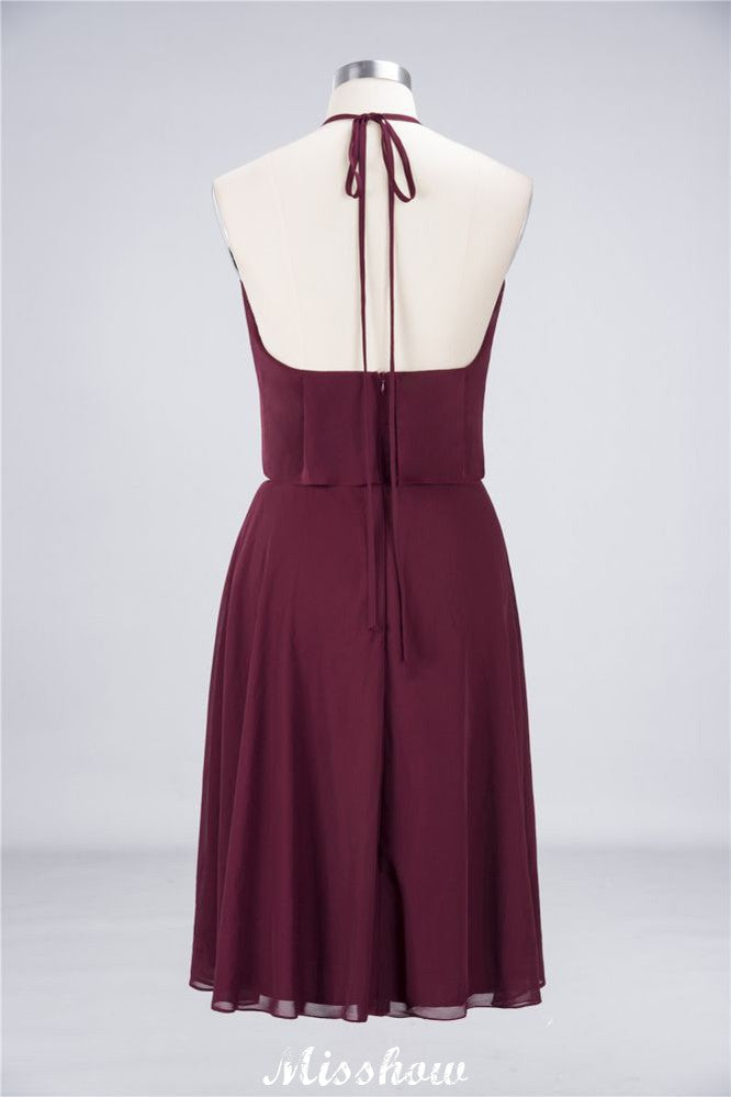 Vestido de fiesta sencillo de gasa con volantes y escote halter hasta la rodilla para dama de honor.