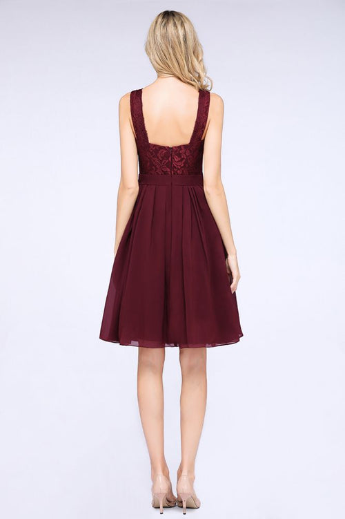 Vestido de fiesta de noche de gasa con volantes, encaje, escote en V, sin mangas, hasta la rodilla, para regreso a casa