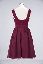 A-Linie Rüschen Chiffon Spitze V-Ausschnitt Abend Partykleid Ärmellos Knielang Homecoming Kleid