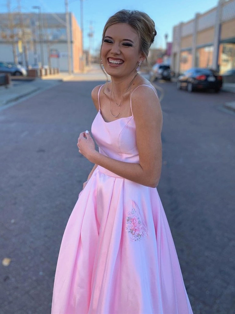 Vestidos de fiesta largos de satén con estampado floral, corte A, con bolsillos, espalda descubierta, formales, para graduación y noche.