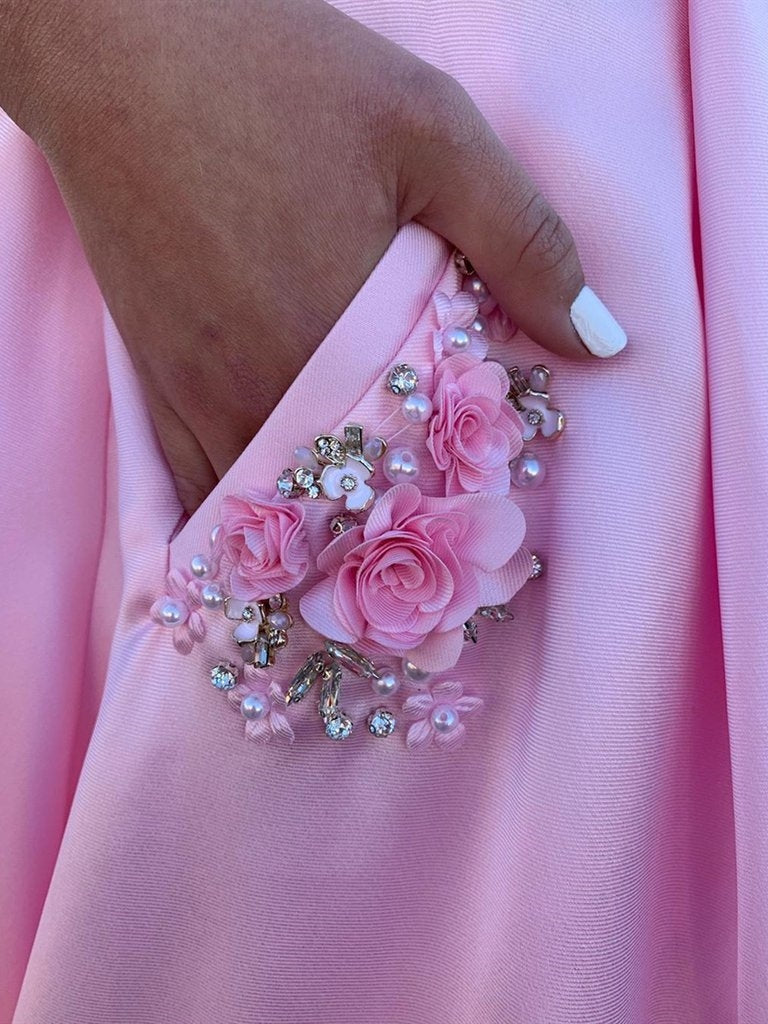Vestidos de fiesta largos de satén con estampado floral, corte A, con bolsillos, espalda descubierta, formales, para graduación y noche.