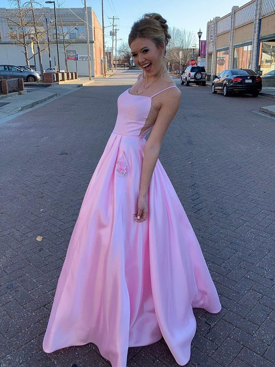 Vestidos de fiesta largos de satén con estampado floral, corte A, con bolsillos, espalda descubierta, formales, para graduación y noche.