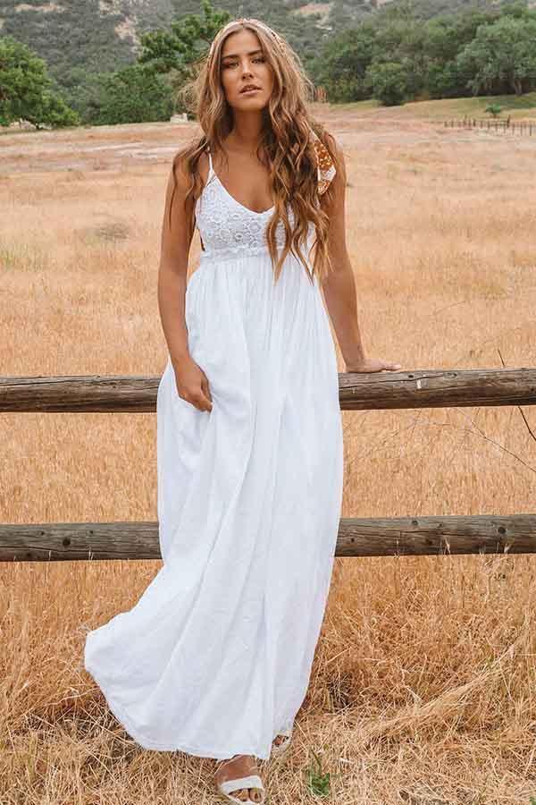 A-Line Scoop Backless Floor Length Beach Wedding Dress with Lace WD272