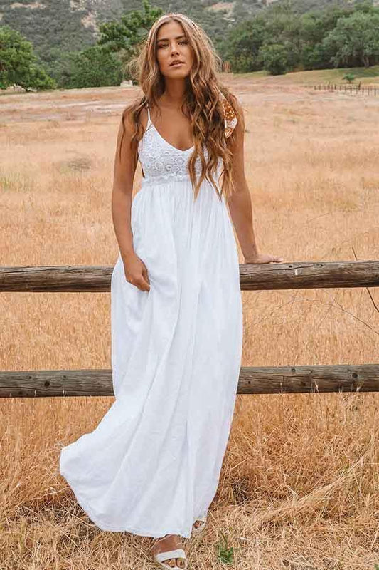 A-Line Scoop Backless Floor Length Beach Wedding Dress with Lace WD272