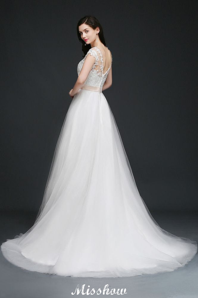A-line Scoop Court Train Tulle Glamorous Wedding Dresses with Sash