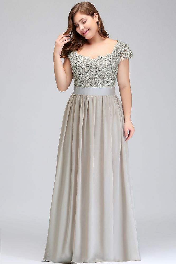 Vestidos de noche plateados con corte A, escote redondo, largo hasta el suelo, mangas casquillo, apliques y faja