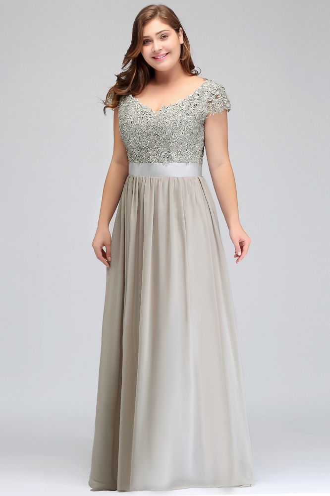 Vestidos de noche plateados con corte A, escote redondo, largo hasta el suelo, mangas casquillo, apliques y faja