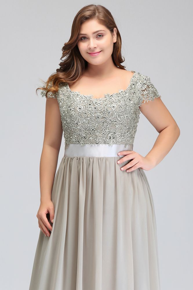 Vestidos de noche plateados con corte A, escote redondo, largo hasta el suelo, mangas casquillo, apliques y faja