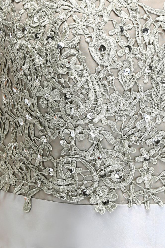 Vestidos de noche plateados con corte A, escote redondo, largo hasta el suelo, mangas casquillo, apliques y faja
