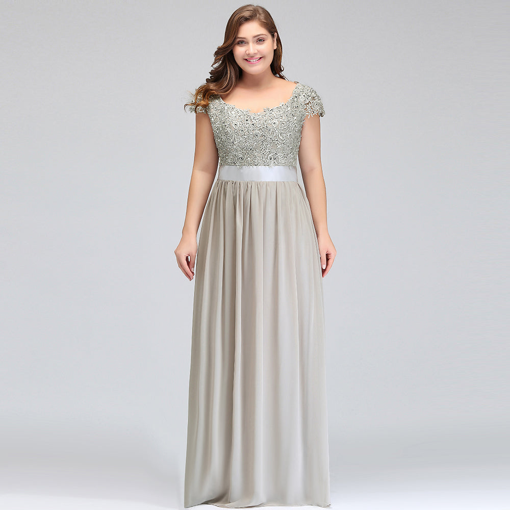 Vestidos de noche plateados con corte A, escote redondo, largo hasta el suelo, mangas casquillo, apliques y faja