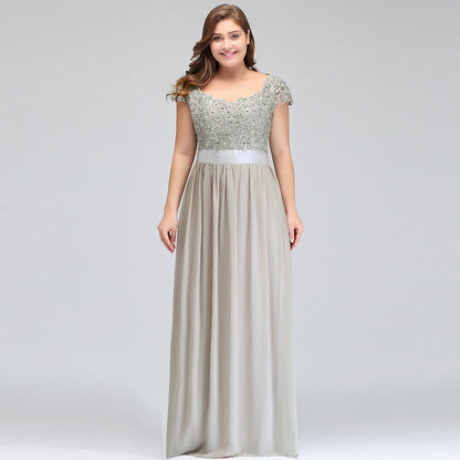 A-Line Scoop Floor Length Cap Sleeves Appliques Silver Evening Dresses with Sash