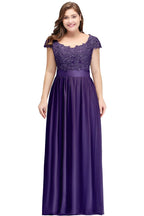 Vestidos de noche plateados con corte A, escote redondo, largo hasta el suelo, mangas casquillo, apliques y faja