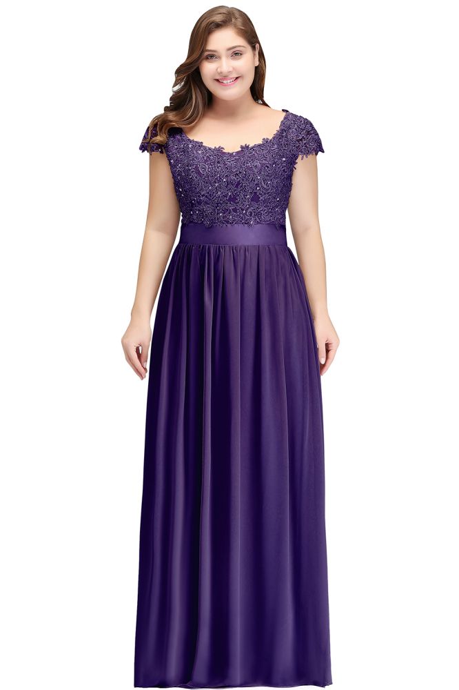 A-Line Scoop Floor Length Cap Sleeves Appliques Silver Evening Dresses with Sash