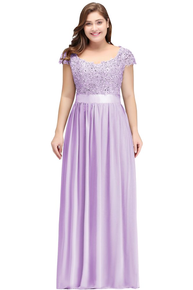 A-Line Scoop Floor Length Cap Sleeves Appliques Silver Evening Dresses with Sash