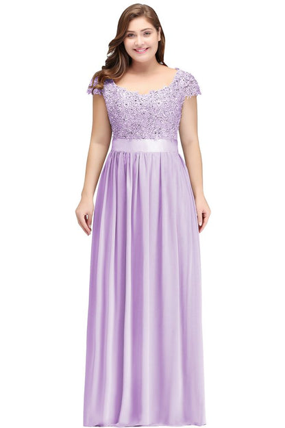 A-Line Scoop Floor Length Cap Sleeves Appliques Silver Evening Dresses with Sash