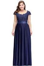 Vestidos de noche plateados con corte A, escote redondo, largo hasta el suelo, mangas casquillo, apliques y faja