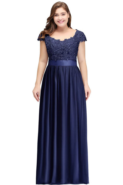 A-Line Scoop Floor Length Cap Sleeves Appliques Silver Evening Dresses with Sash