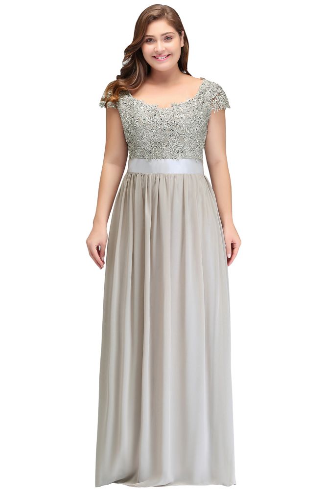 Vestidos de noche plateados con corte A, escote redondo, largo hasta el suelo, mangas casquillo, apliques y faja