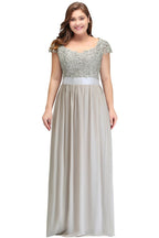 Vestidos de noche plateados con corte A, escote redondo, largo hasta el suelo, mangas casquillo, apliques y faja