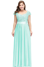 Vestidos de noche plateados con corte A, escote redondo, largo hasta el suelo, mangas casquillo, apliques y faja