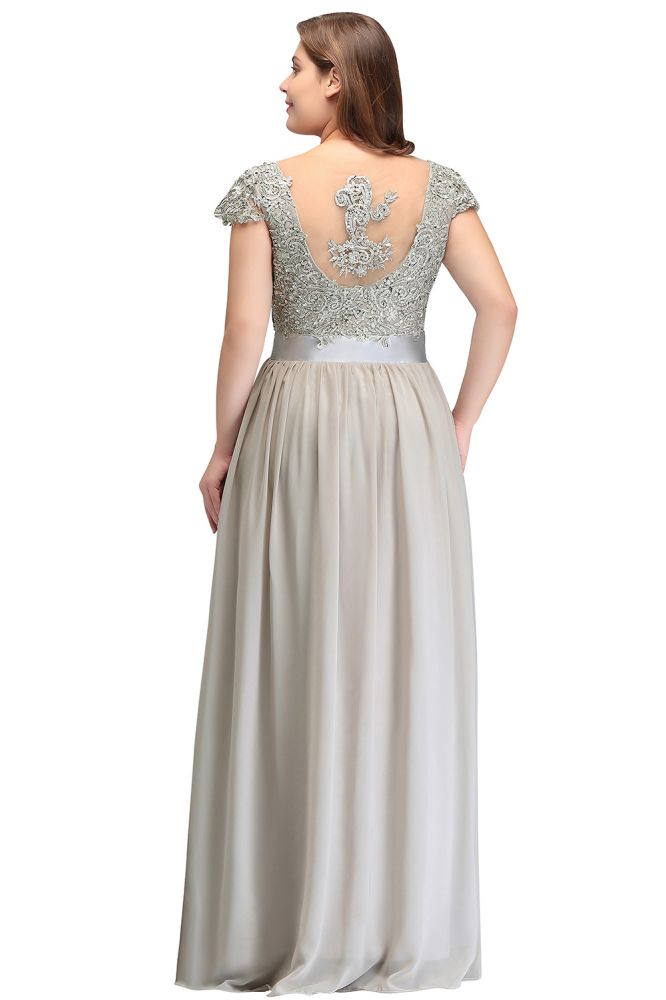 Vestidos de noche plateados con corte A, escote redondo, largo hasta el suelo, mangas casquillo, apliques y faja
