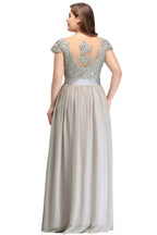 Vestidos de noche plateados con corte A, escote redondo, largo hasta el suelo, mangas casquillo, apliques y faja