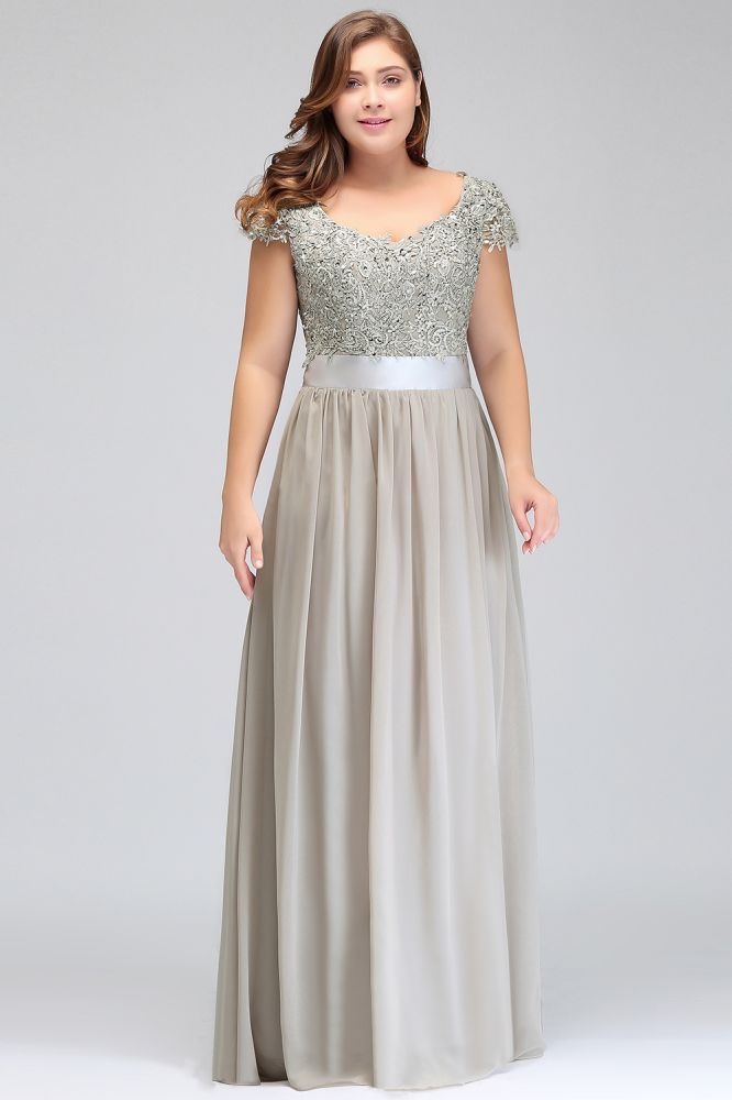 Vestidos de noche plateados con corte A, escote redondo, largo hasta el suelo, mangas casquillo, apliques y faja