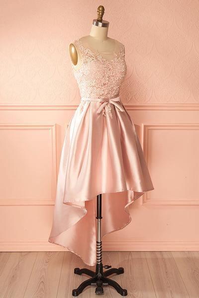 A-Linie U-Ausschnitt High Low Rosa Satin Homecoming Kleid mit Applikationen PD120