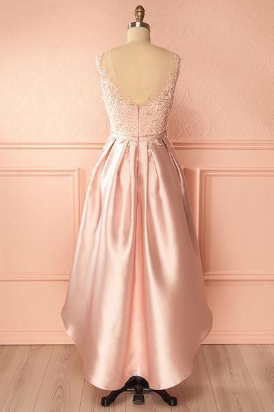 A-Linie U-Ausschnitt High Low Rosa Satin Homecoming Kleid mit Applikationen PD120
