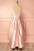A-Linie U-Ausschnitt High Low Rosa Satin Homecoming Kleid mit Applikationen PD120