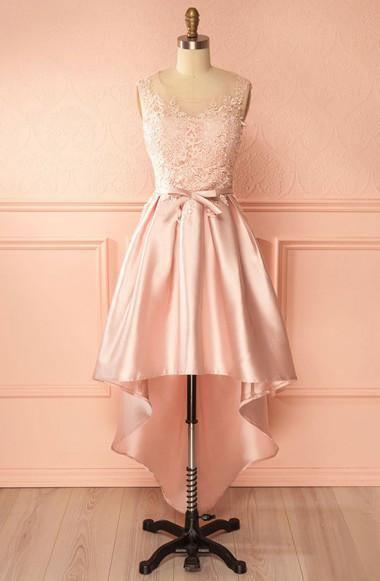 A-Linie U-Ausschnitt High Low Rosa Satin Homecoming Kleid mit Applikationen PD120