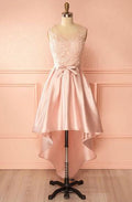 A-Linie U-Ausschnitt High Low Rosa Satin Homecoming Kleid mit Applikationen PD120