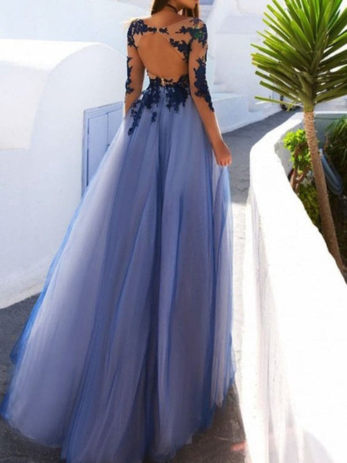 Vestidos de fiesta de tul con corte en A, mangas largas y escote redondo hasta el suelo con apliques