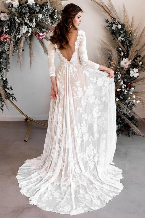Vestido de novia de encaje con escote redondo y mangas largas WD503