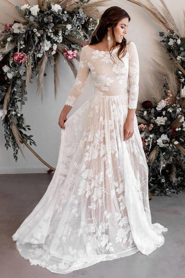 A-Linie U-Ausschnitt Lange Ärmel Spitze Brautkleid Brautkleid WD503