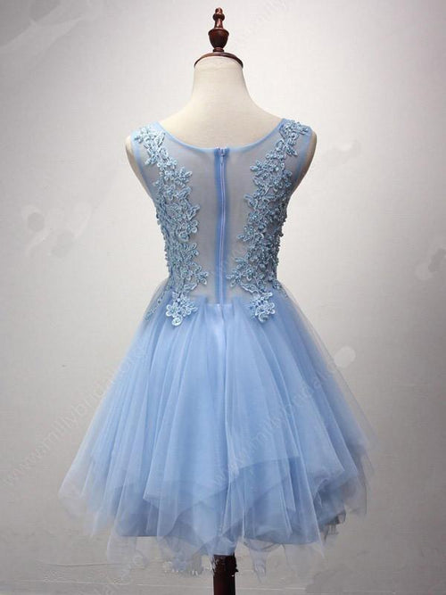 Vestido de fiesta de tul corto/mini con escote redondo y corte en A, con detalles de perlas, PG124