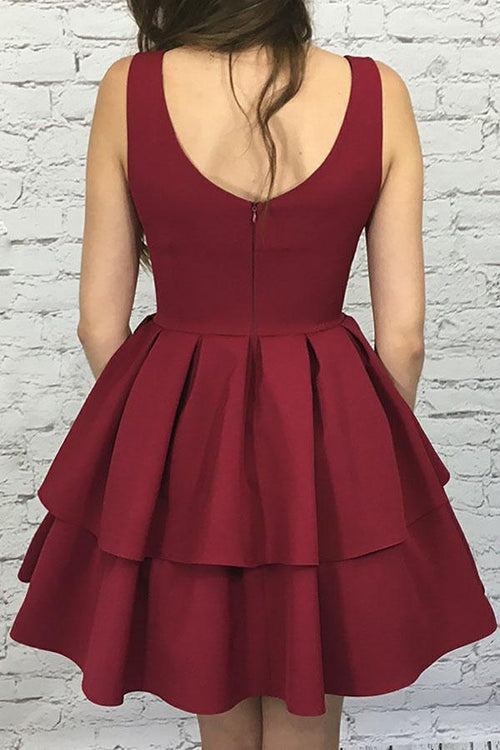 Vestido de fiesta de satén elástico en color burdeos, corte A, escote redondo, corto, escalonado, PG193