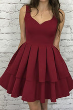 Vestido de fiesta de satén elástico en color burdeos, corte A, escote redondo, corto, escalonado, PG193