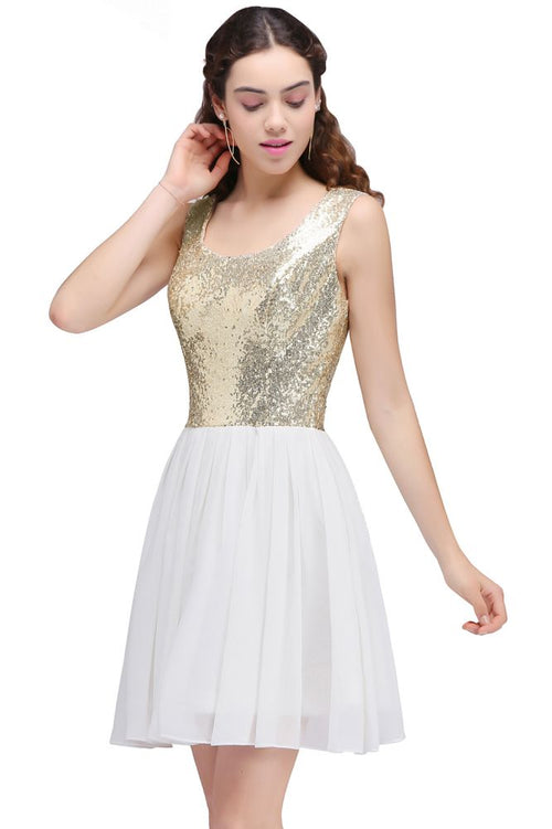 Lindos vestidos de fiesta blancos con lentejuelas, corte A y escote redondo