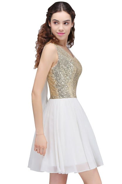 A-line Scoop Short Sequins White Cute Homecoming Dresses with Sequins