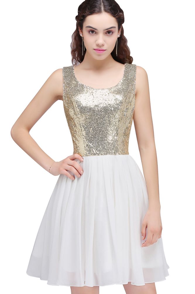 A-line Scoop Short Sequins White Cute Homecoming Dresses with Sequins