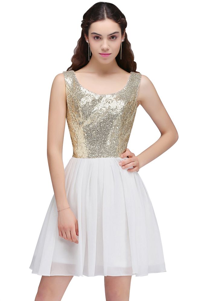A-line Scoop Short Sequins White Cute Homecoming Dresses with Sequins