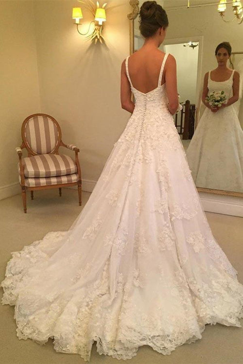 Vestido de novia sin mangas, corte A, cola larga y apliques WD218