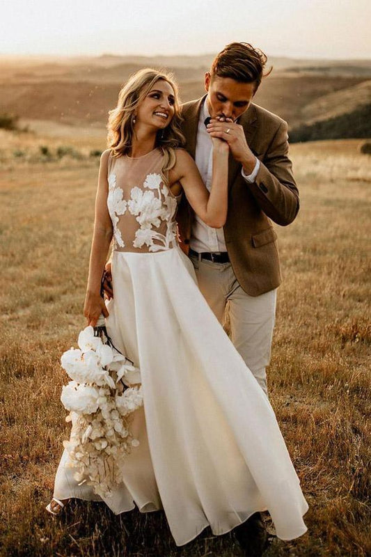 Vestidos de novia rústicos de corte A, transparentes, hasta el suelo, para playa, WD498